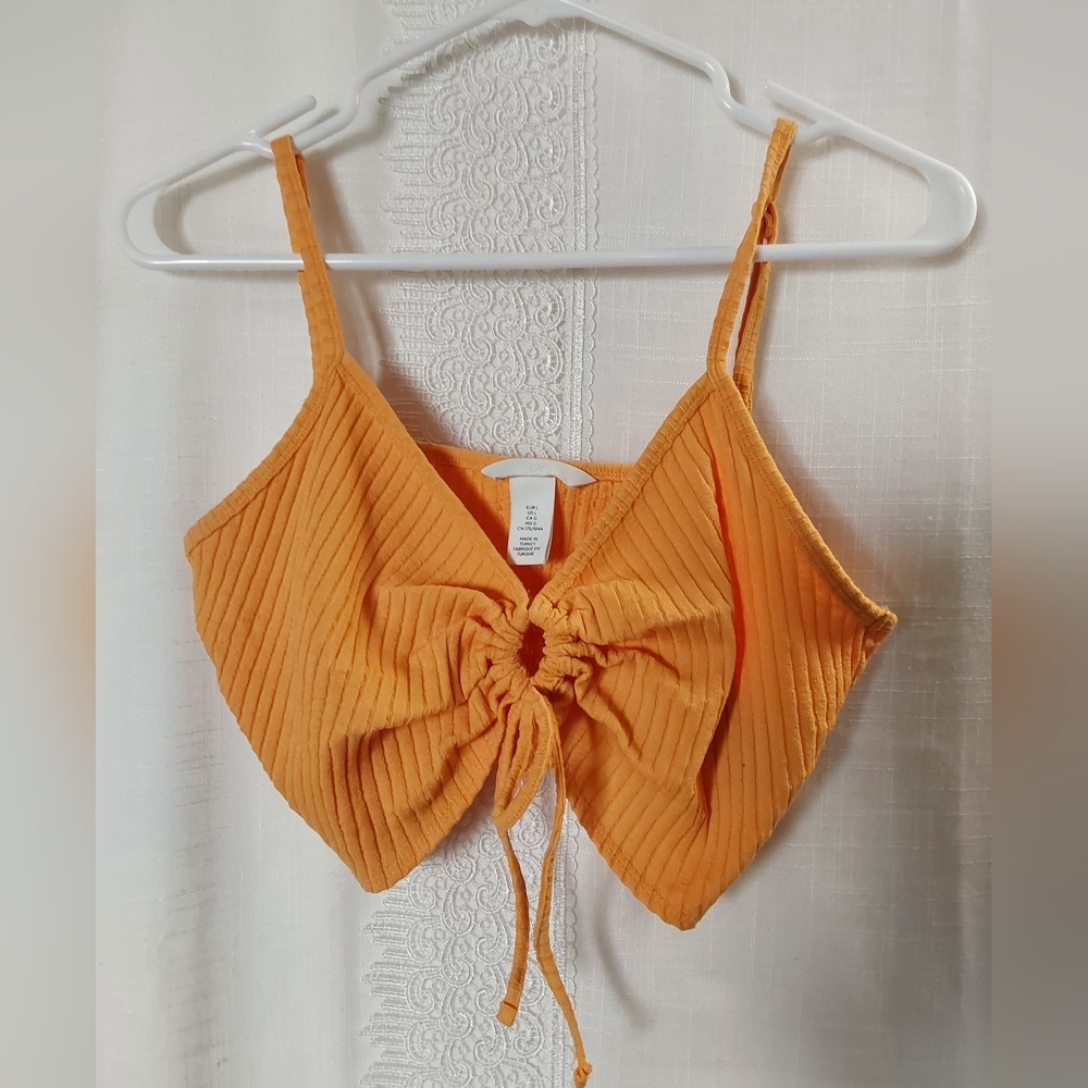 H&M Crop Top, Women's Orange Top front Ring hole with Drawstring Size Large